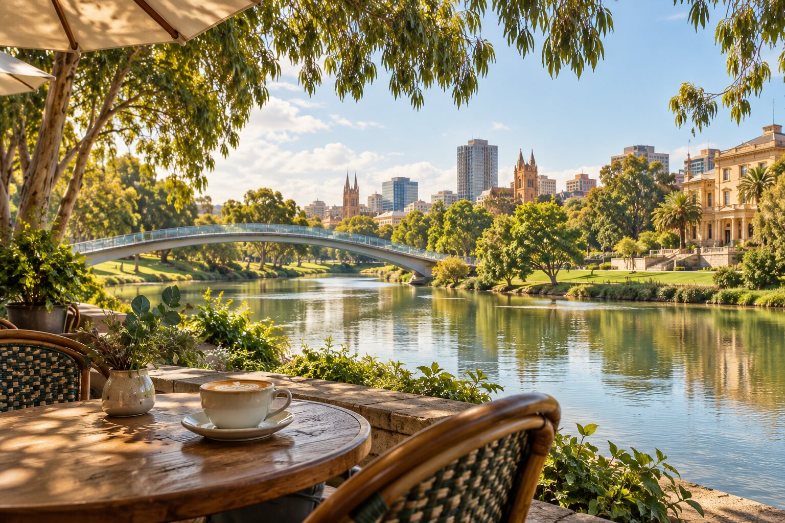 Adelaide-inspired riverfront and parkland — AI-generated destination inspiration, not the accommodation offered