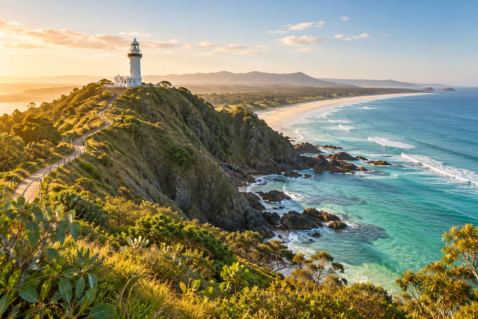 Cape Byron lighthouse above the ocean — AI-generated destination inspiration, not the accommodation offered