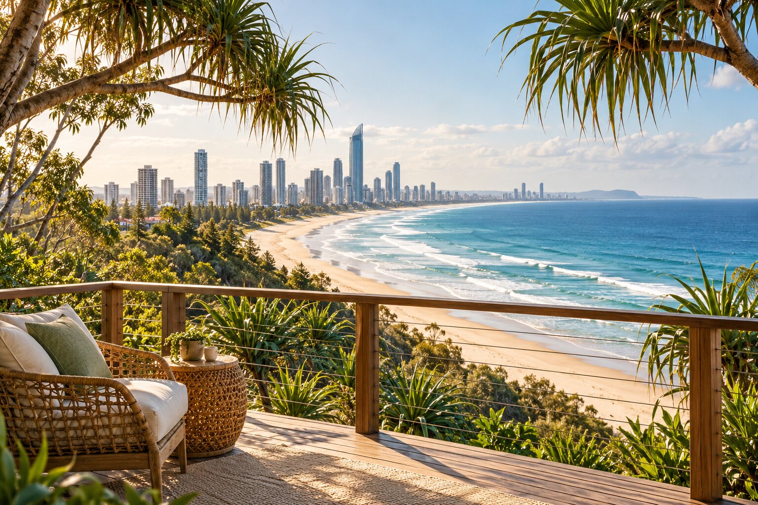 Gold Coast beachfront and city skyline — AI-generated destination inspiration, not the accommodation offered