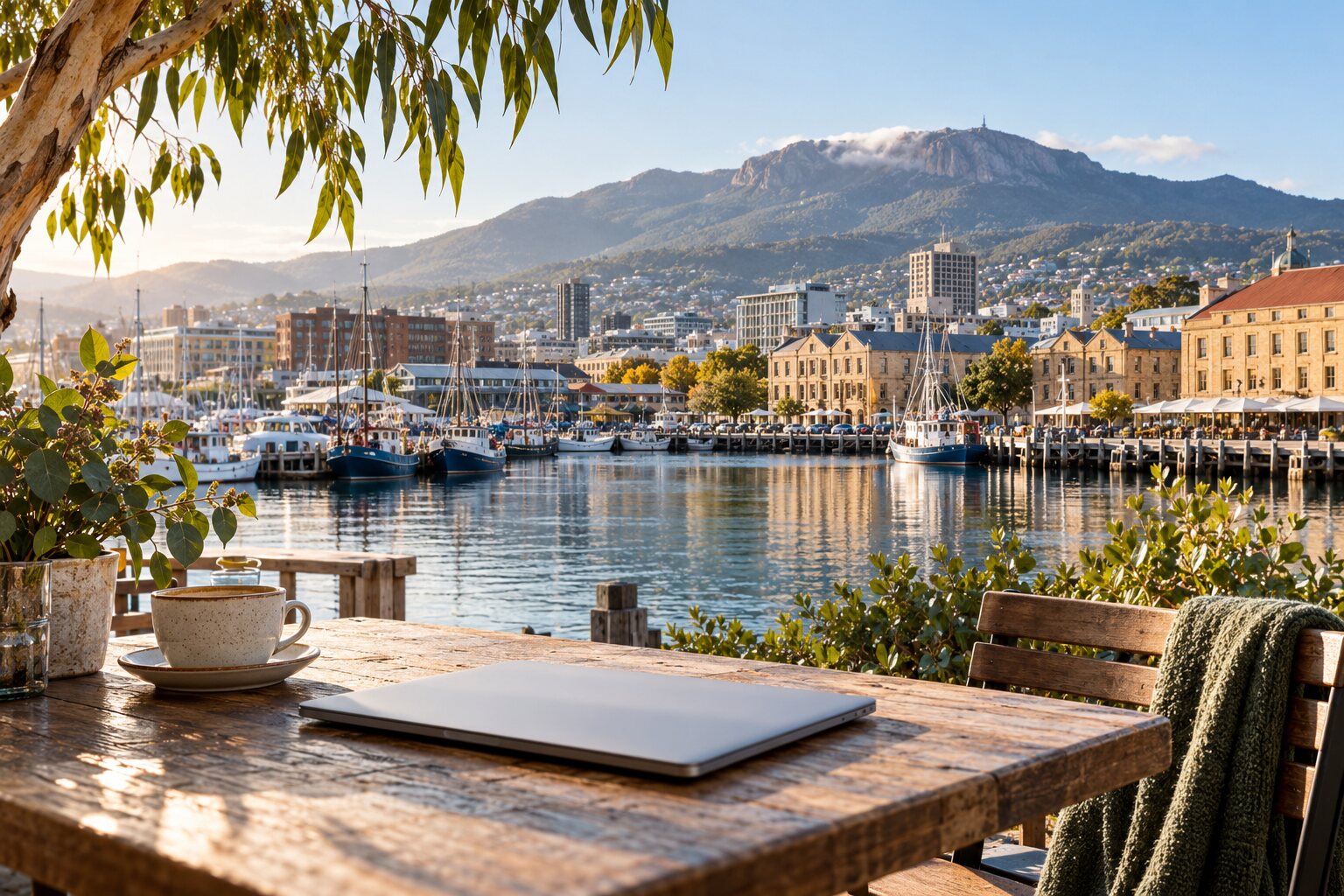 Boats and waterfront buildings in Hobart harbour — AI-generated destination inspiration, not the accommodation offered