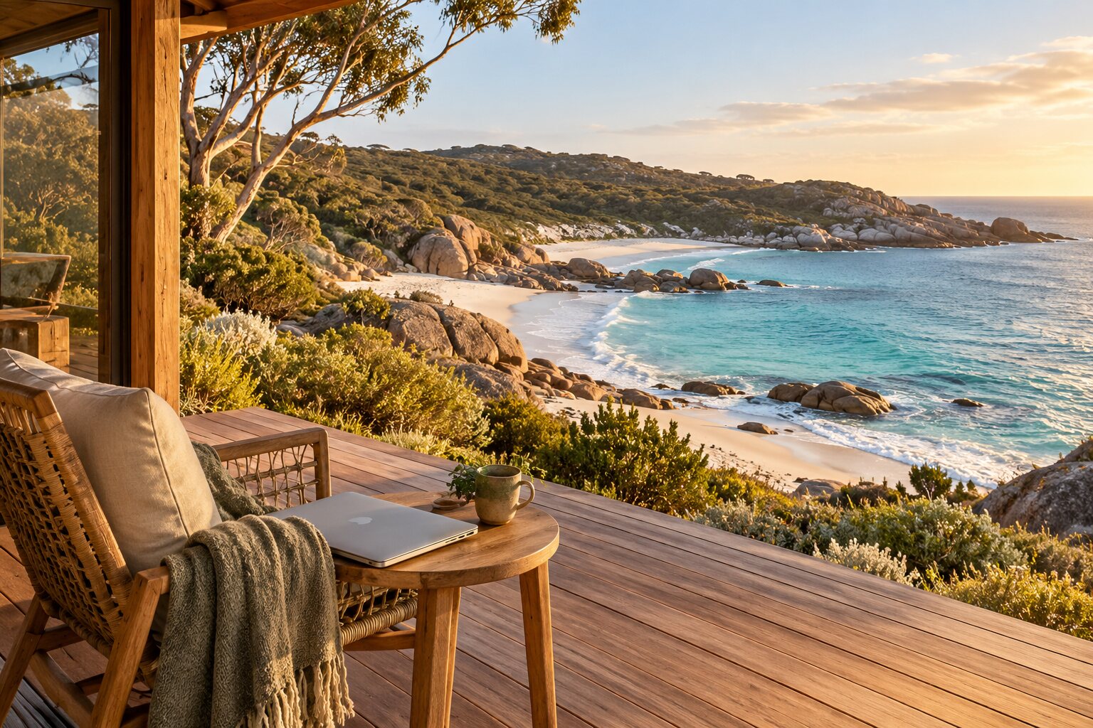 Margaret River-inspired coastal retreat and bay — AI-generated destination inspiration, not the accommodation offered
