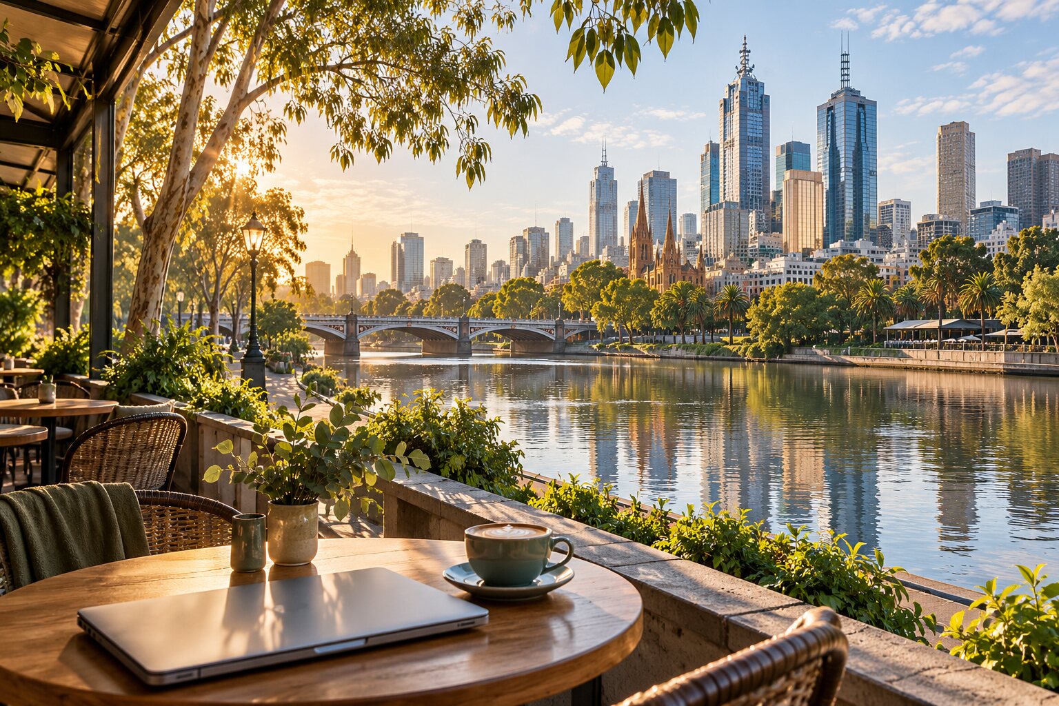 Melbourne skyline overlooking the Yarra River — AI-generated destination inspiration, not the accommodation offered