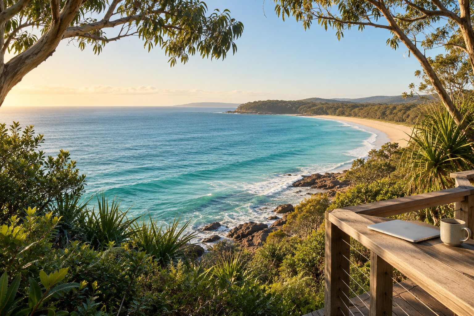 Noosa beach framed by coastal trees — AI-generated destination inspiration, not the accommodation offered
